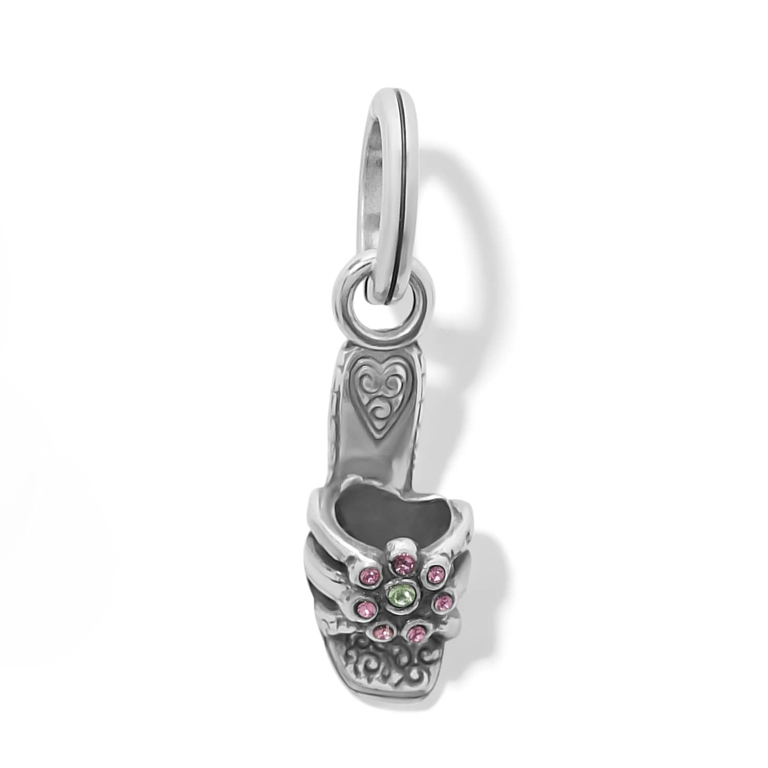 Brighton silver-plated sandal charm with pink and green crystal flower accent and engraved heart detail on a white background