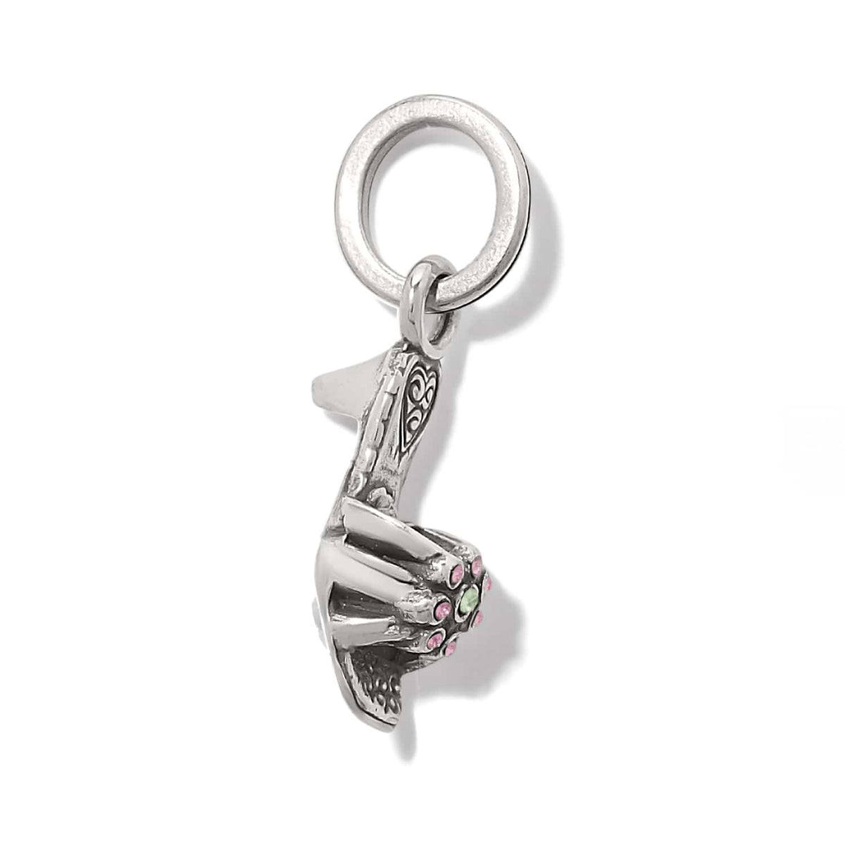 Brighton charm shown from the side with silver-plated finish and pink and green crystal accents on a white background