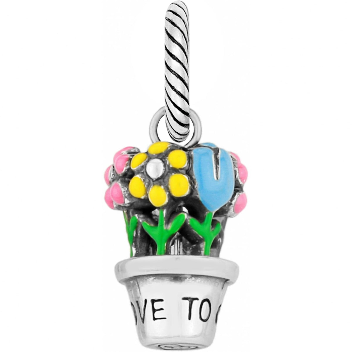 Brighton flower pot charm with pink, yellow, and blue enamel blooms in a silver-tone pot on a white background