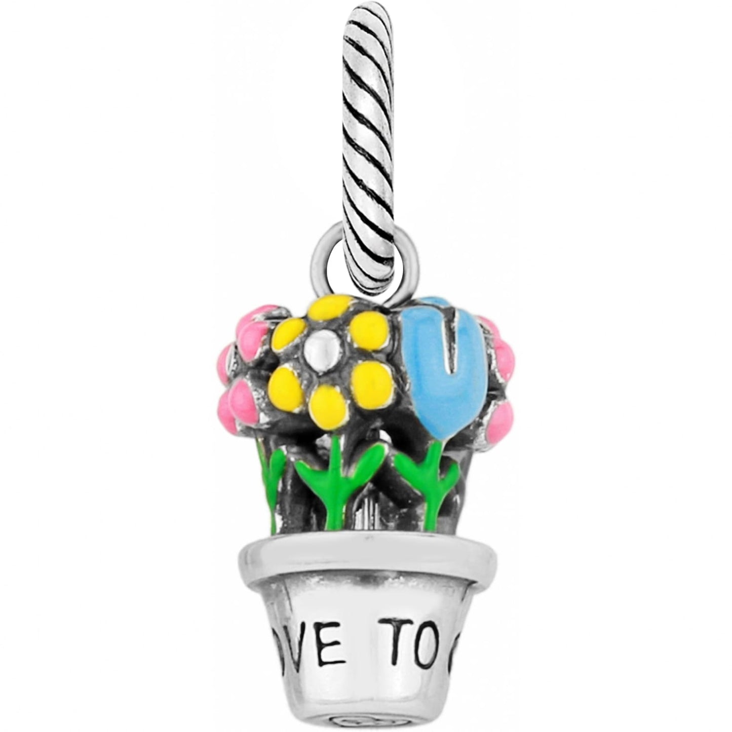 Brighton flower pot charm with pink, yellow, and blue enamel blooms in a silver-tone pot on a white background
