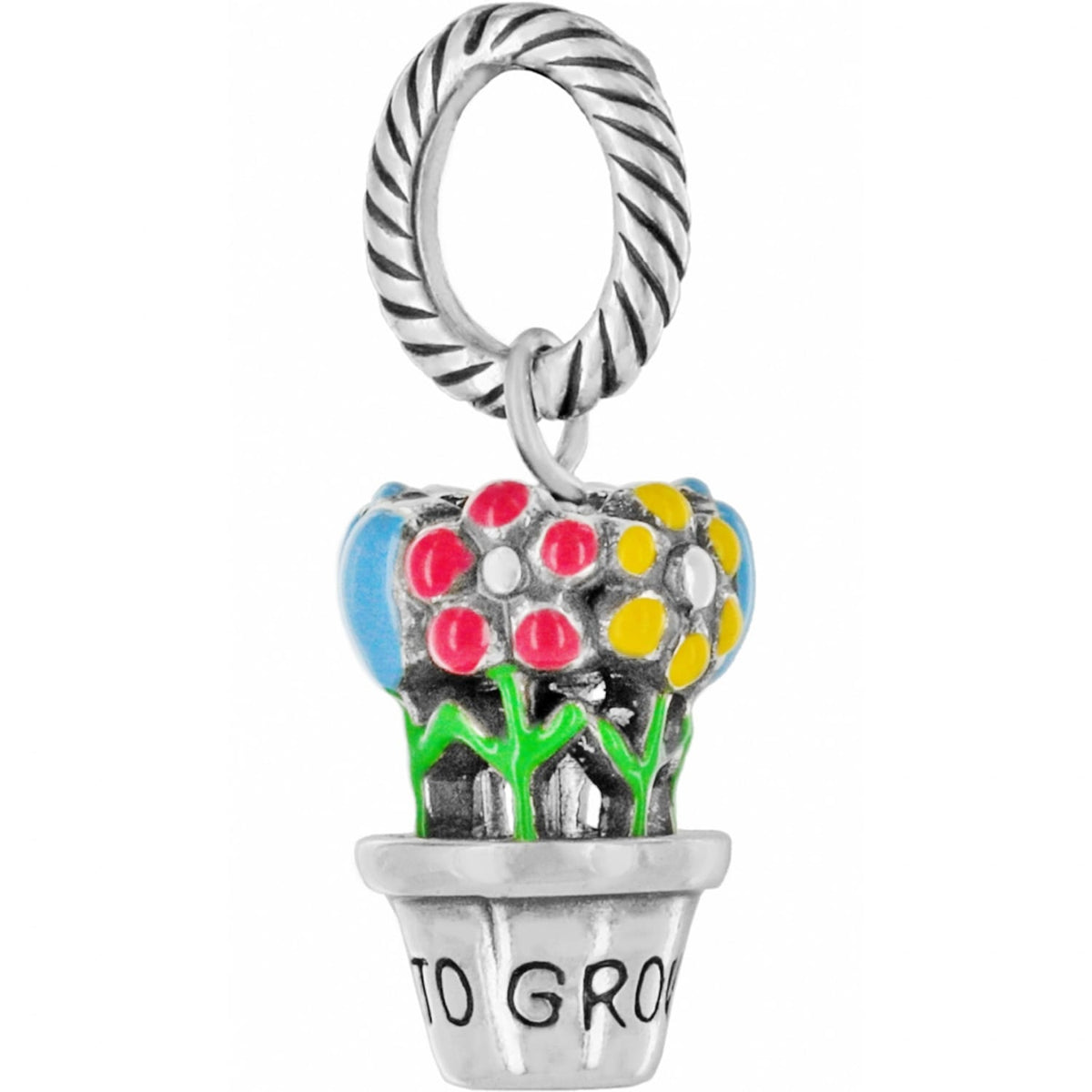 Brighton flower pot charm with colorful enamel blooms, green stems, and engraved pot on a white background