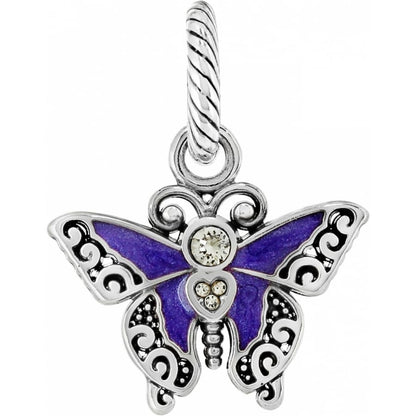 Brighton butterfly charm with purple enamel wings, silver-plated scroll detailing, and crystal accents on a white background