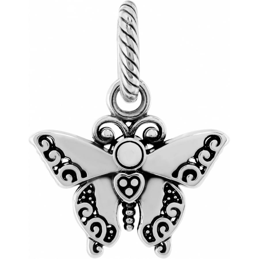 Brighton butterfly charm with silver-plated scrollwork wings, heart detail, and rope-textured bail on a white background