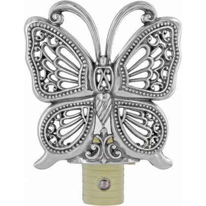 Brighton butterfly night light with silver-plated filigree wings and scrollwork detailing on a white background