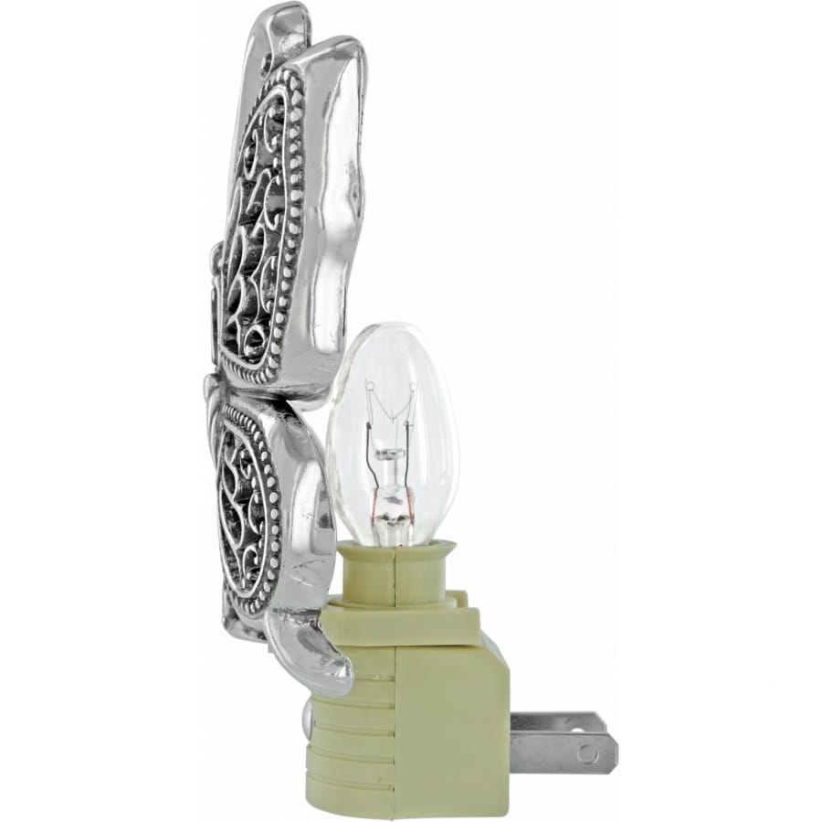 Brighton night light with silver-plated ornate scrollwork decorative panel, clear bulb, and plug on a white background