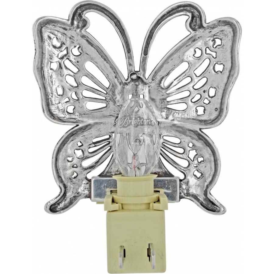 Brighton butterfly night light with silver-plated openwork wings and plug-in base on a white background