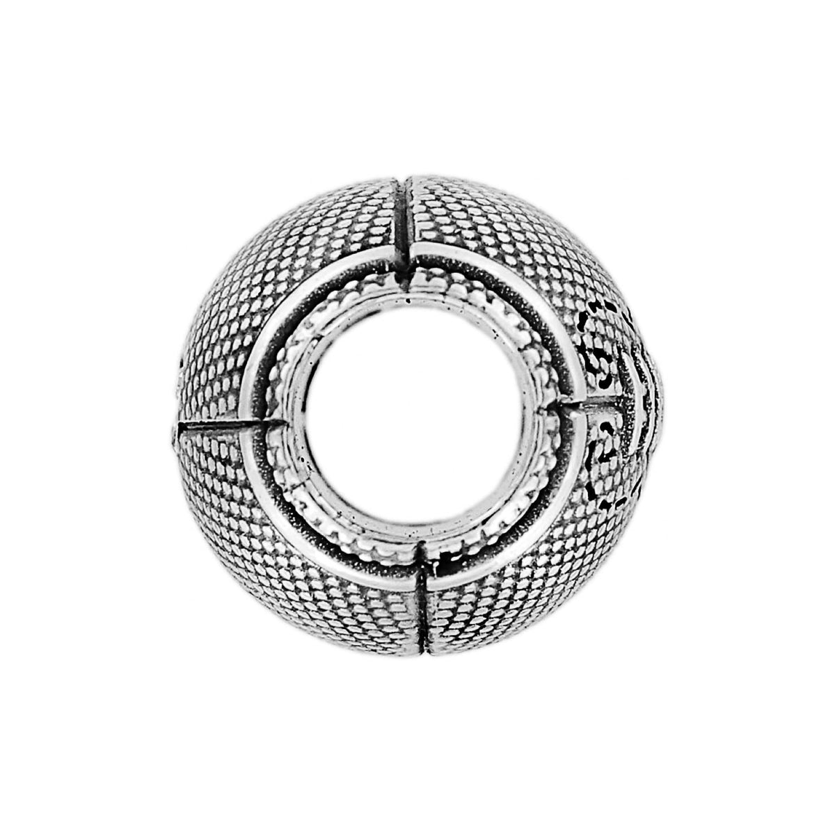 Brighton silver-plated spacer bead charm with textured beaded pattern and open center on a white background