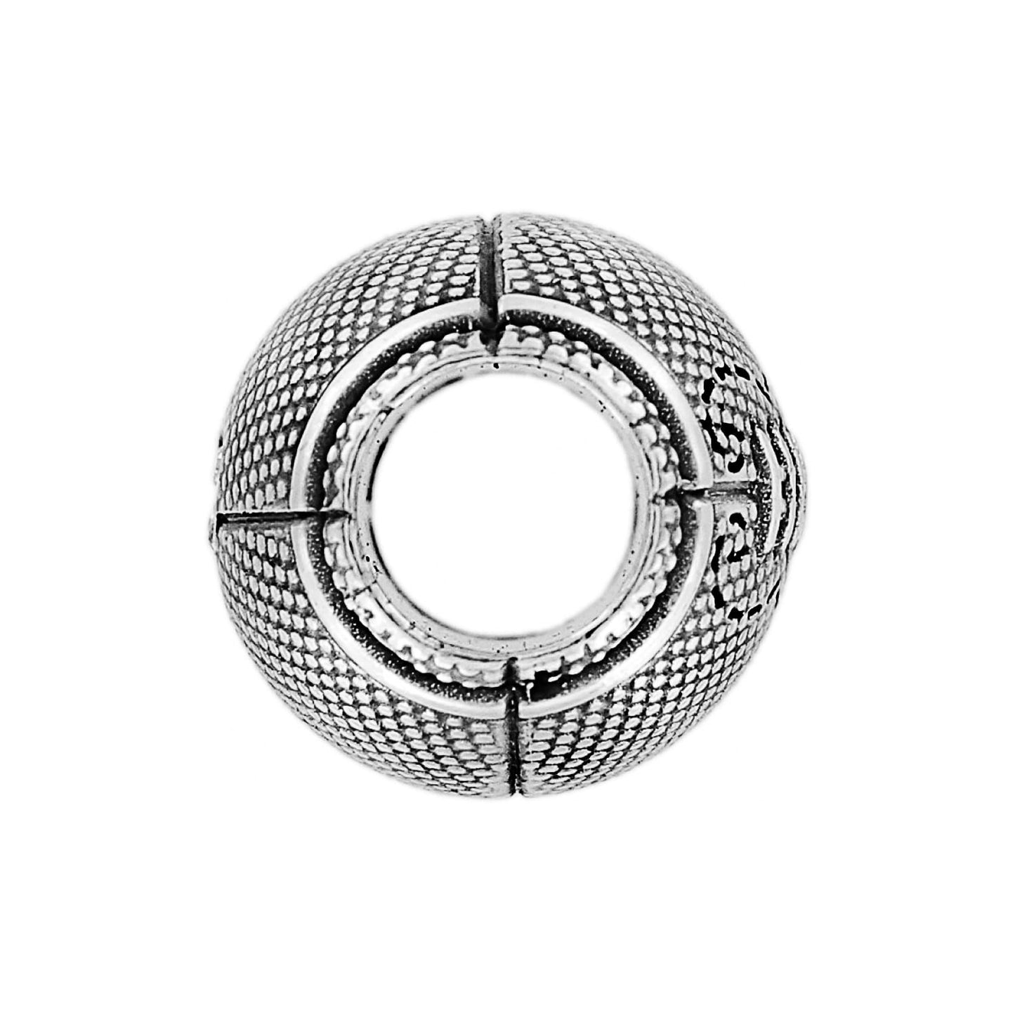Brighton silver-plated spacer bead charm with textured beaded pattern and open center on a white background