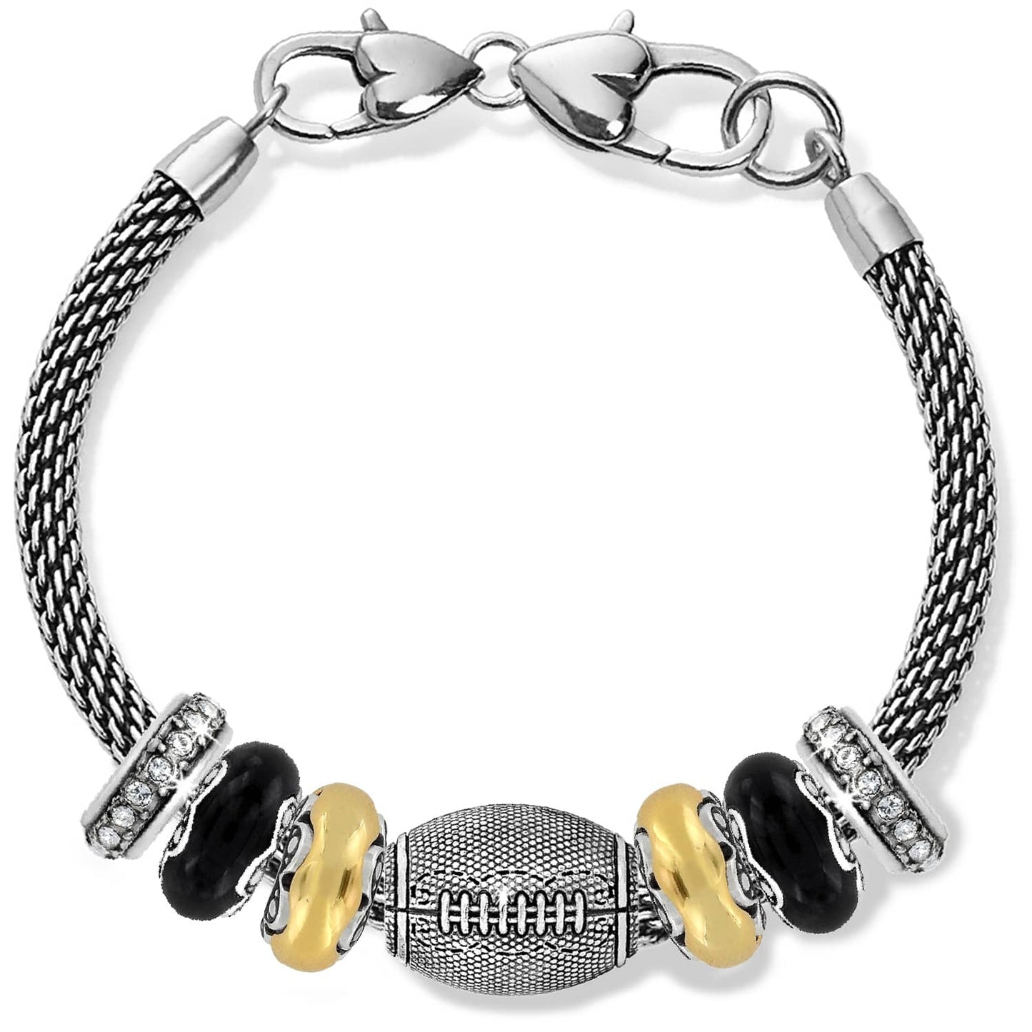 Brighton bracelet with silver-plated mesh chain, football charm, black beads, gold accents, and crystal spacers on a white background