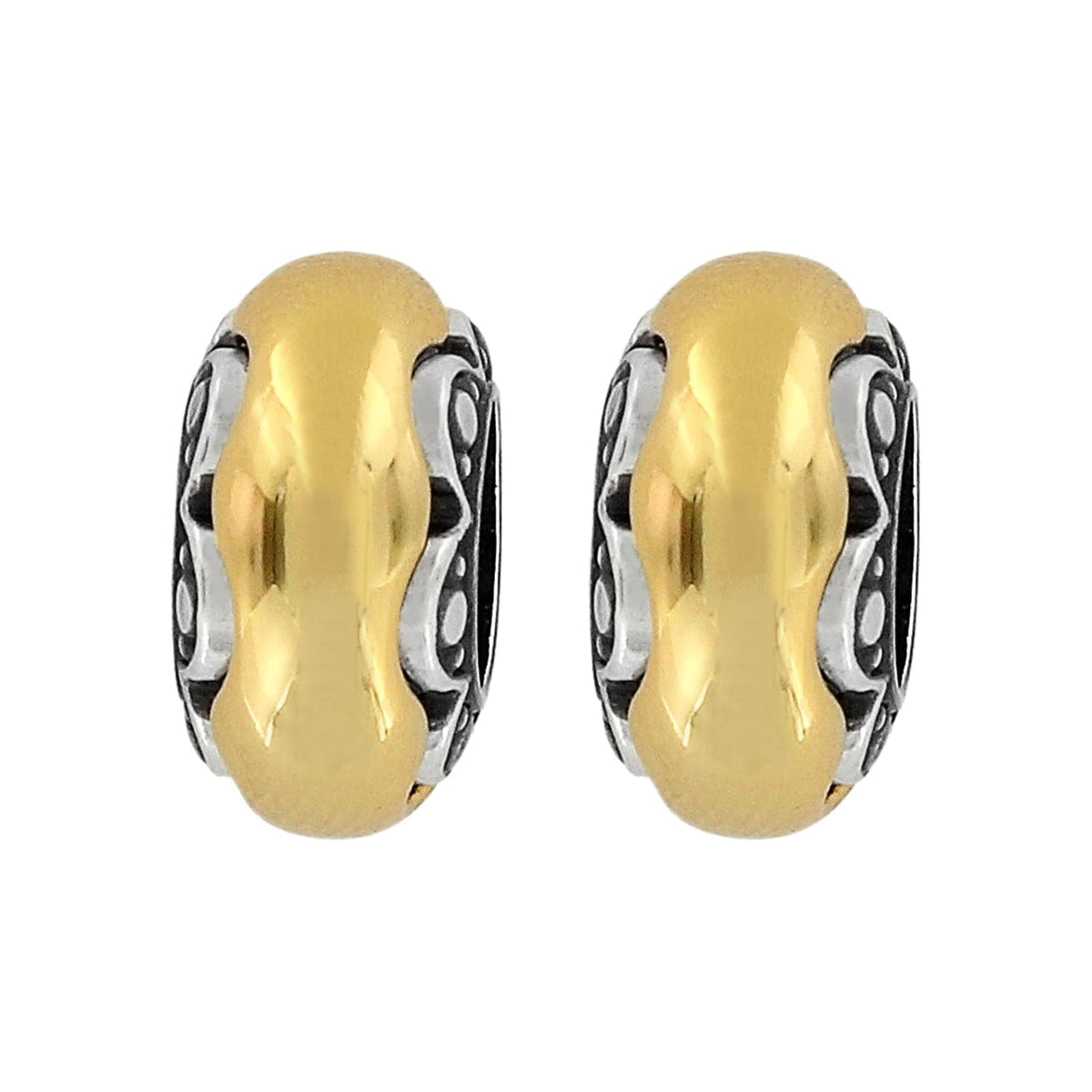 Brighton spacer charms with gold-tone centers and silver-plated scrollwork edges shown as a pair on a white background