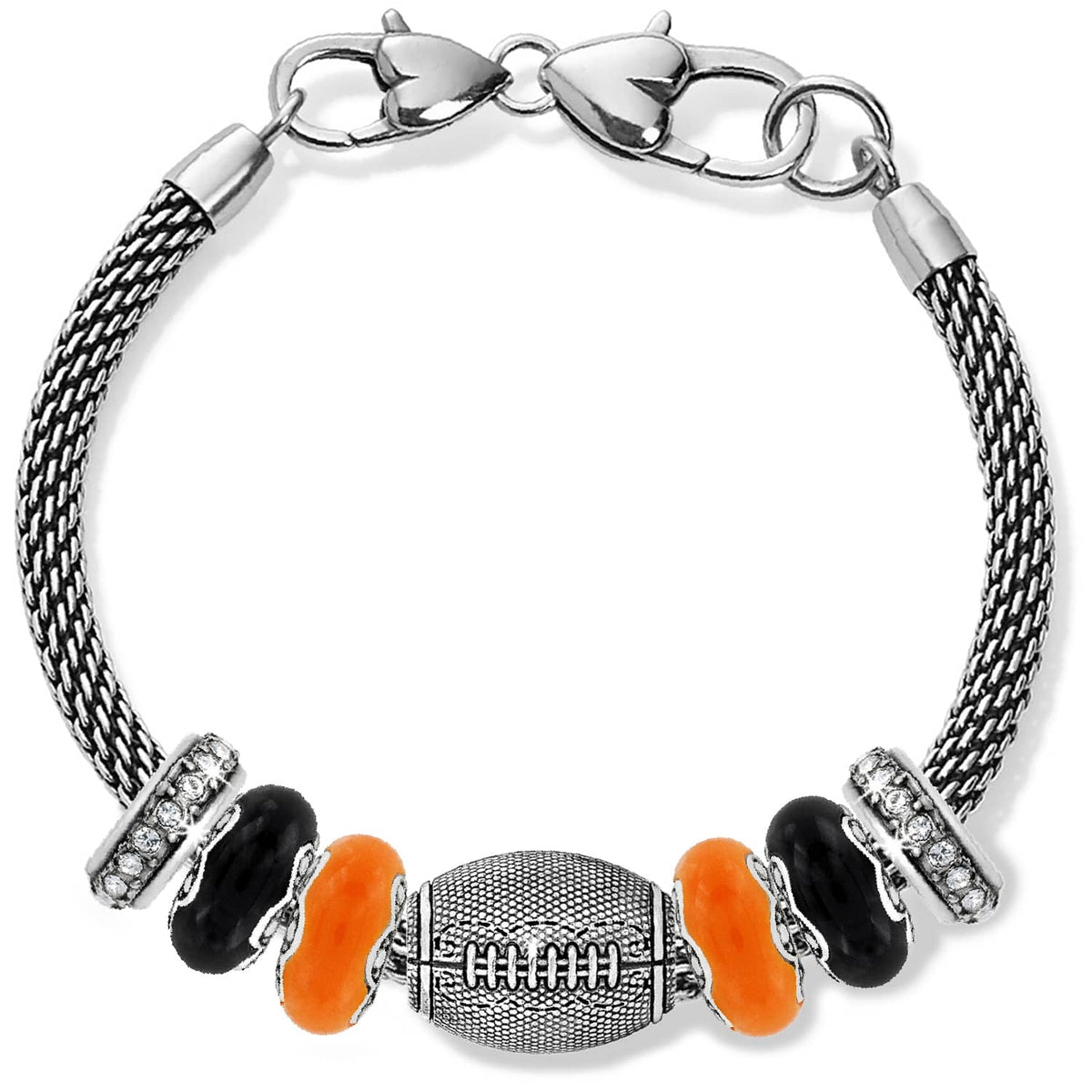 Brighton beaded bracelet with silver-plated football charm, orange and black beads, and crystal accents on white background