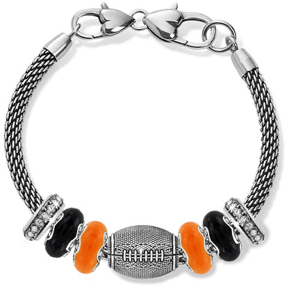 Brighton beaded bracelet with silver-plated football charm, orange and black beads, and crystal accents on white background