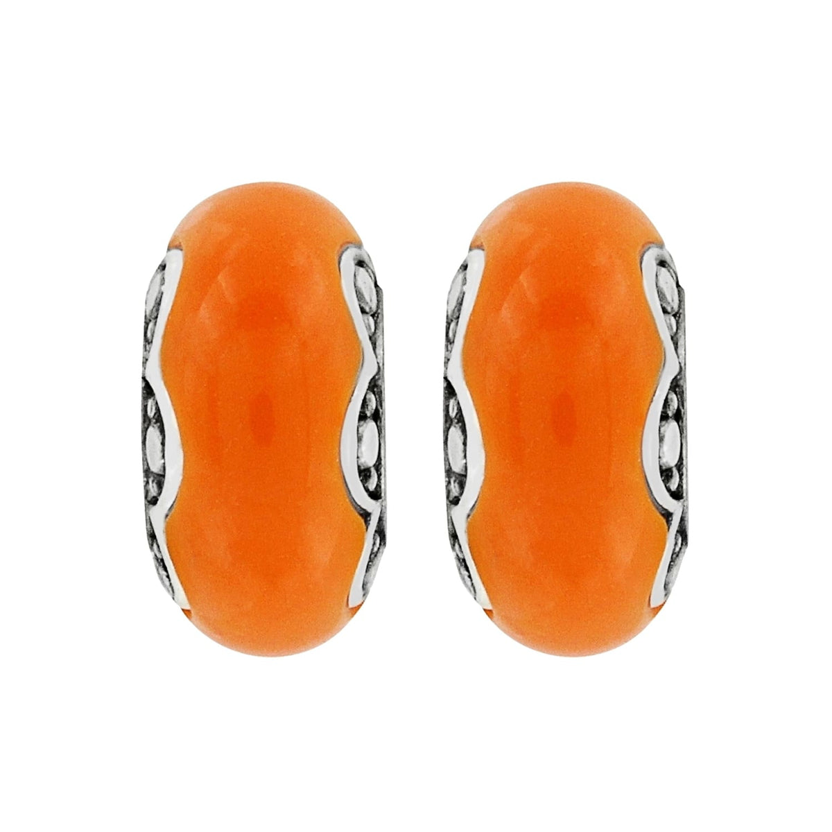 Brighton bead charms with orange centers and silver-plated scroll detail sides shown side by side on a white background