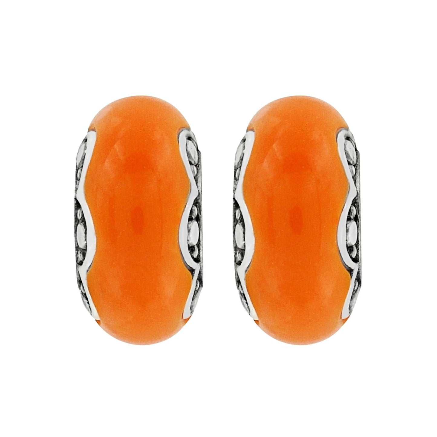 Brighton bead charms with orange centers and silver-plated scroll detail sides shown side by side on a white background