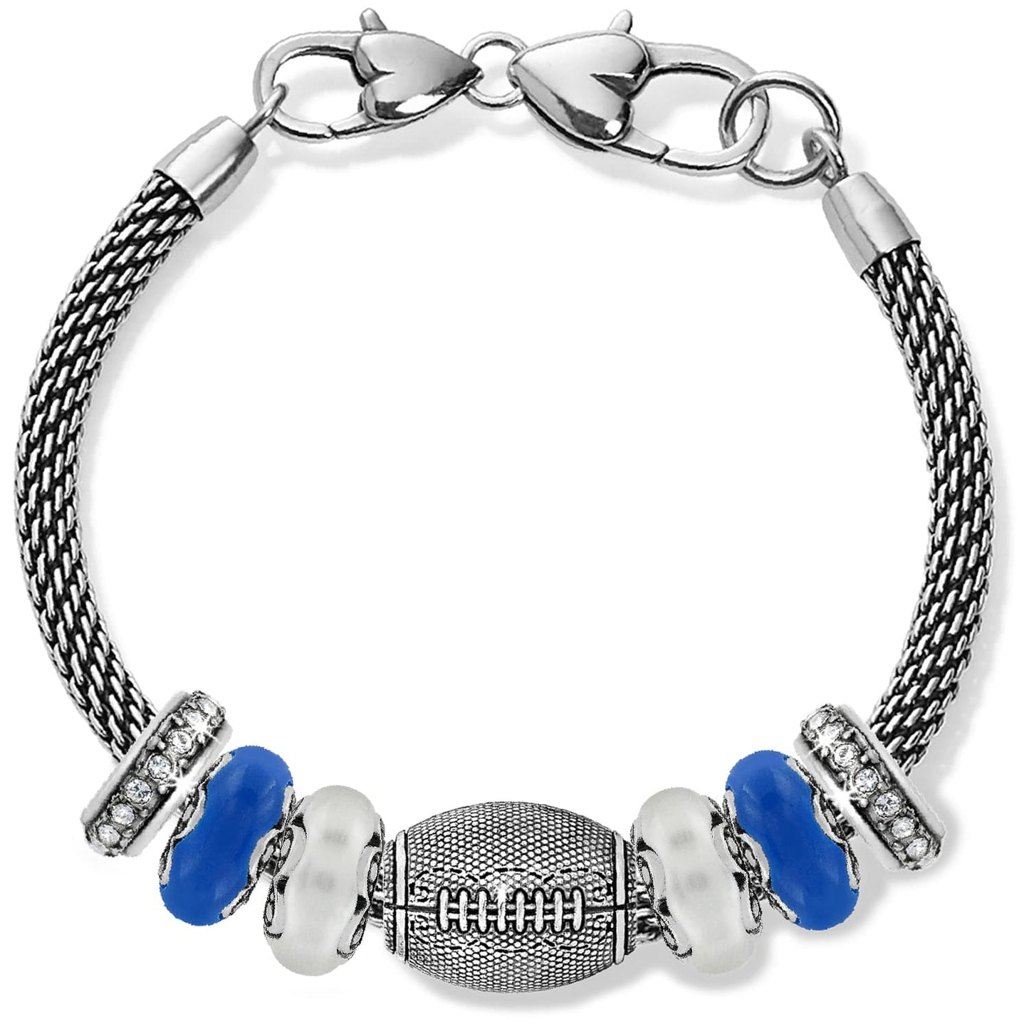 Brighton charm bracelet with silver-plated football bead, blue and frosted beads, and crystal spacers on a white background