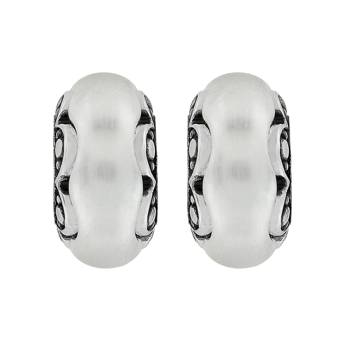 Brighton earrings with frosted white centers and silver-plated scrollwork side detailing on a white background