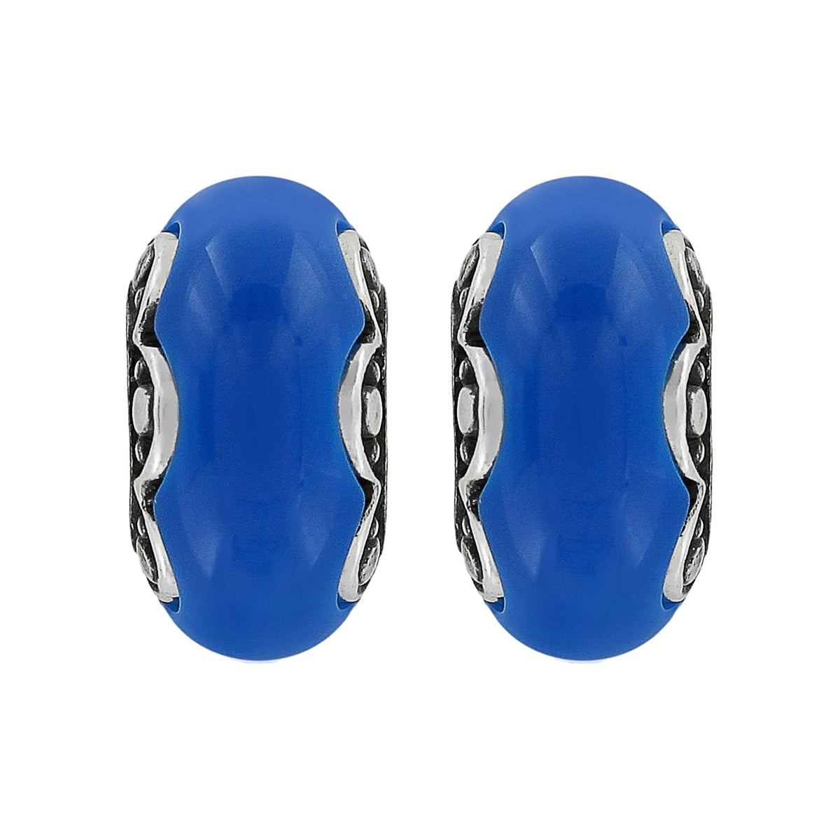 Brighton bead charms with blue centers and silver-plated decorative side accents on a white background