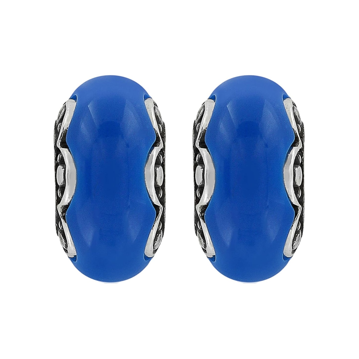 Brighton bead charms with blue centers and silver-plated decorative side accents on a white background