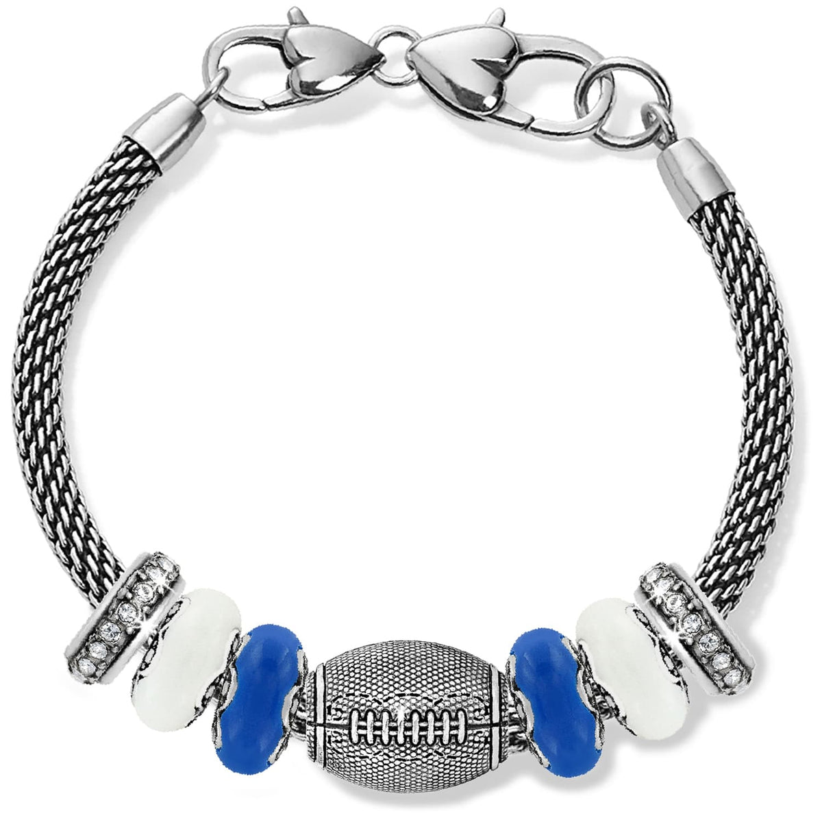 Brighton bracelet with silver-plated football charm, blue and white beads, and crystal spacers on a white background