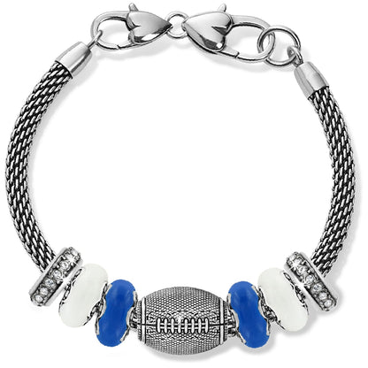 Brighton bracelet with silver-plated football charm, blue and white beads, and crystal spacers on a white background