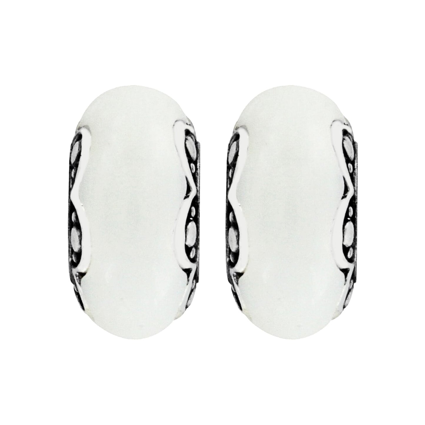 Brighton bead charms with white glass centers and silver-plated patterned sides shown side by side on a white background