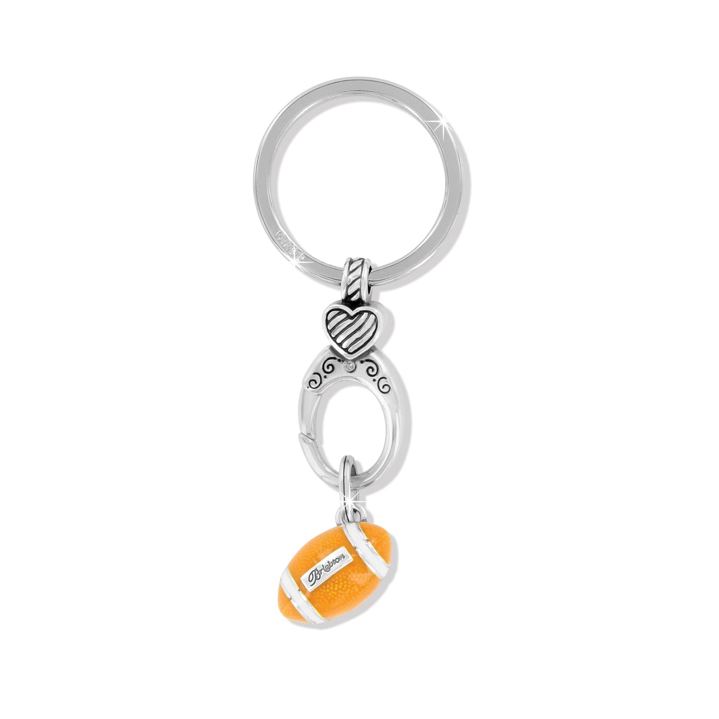 Brighton keychain with orange enamel football charm, silver-plated heart accent, and split ring on a white background