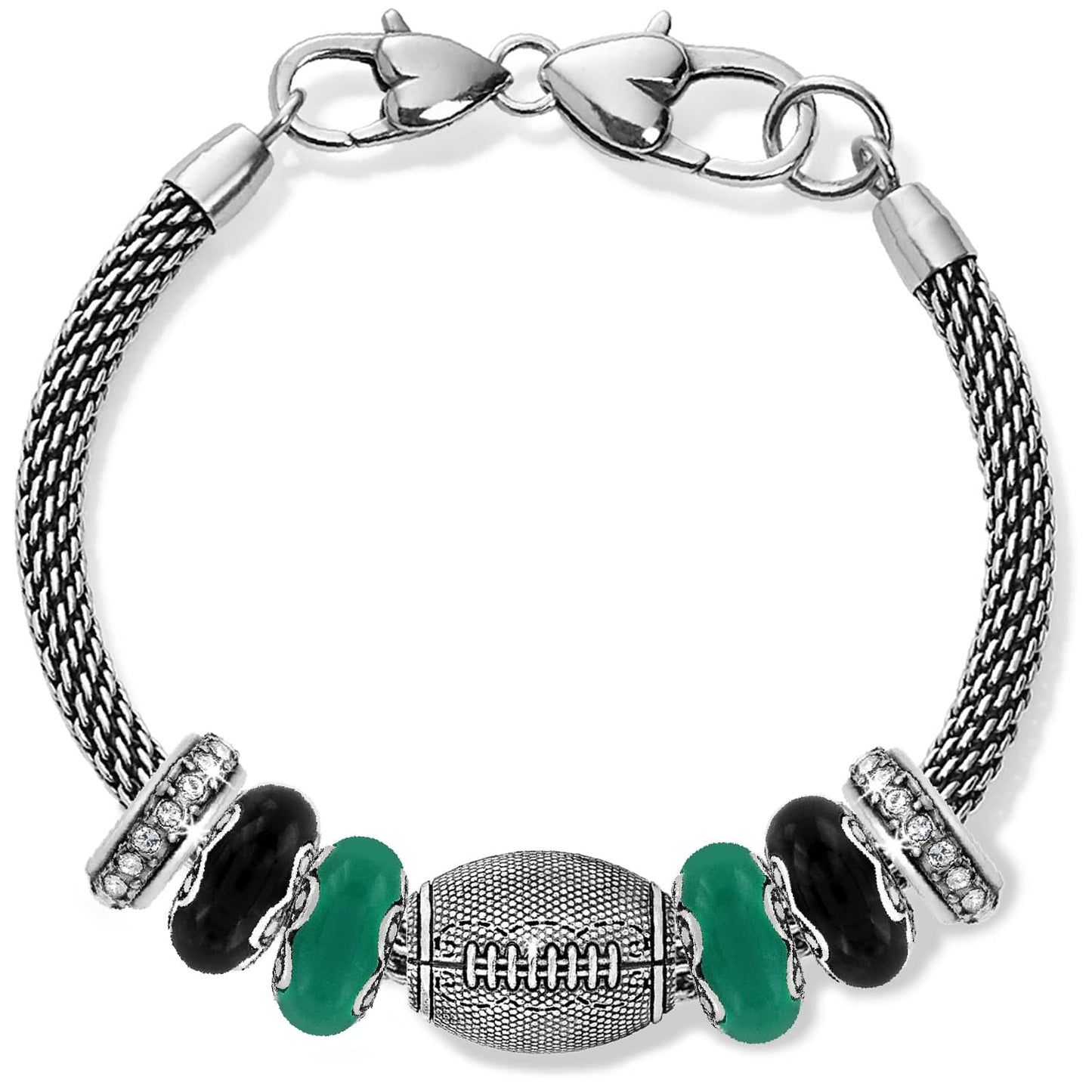 Brighton charm bracelet with silver-plated football bead, green and black beads, and crystal accents on a white background