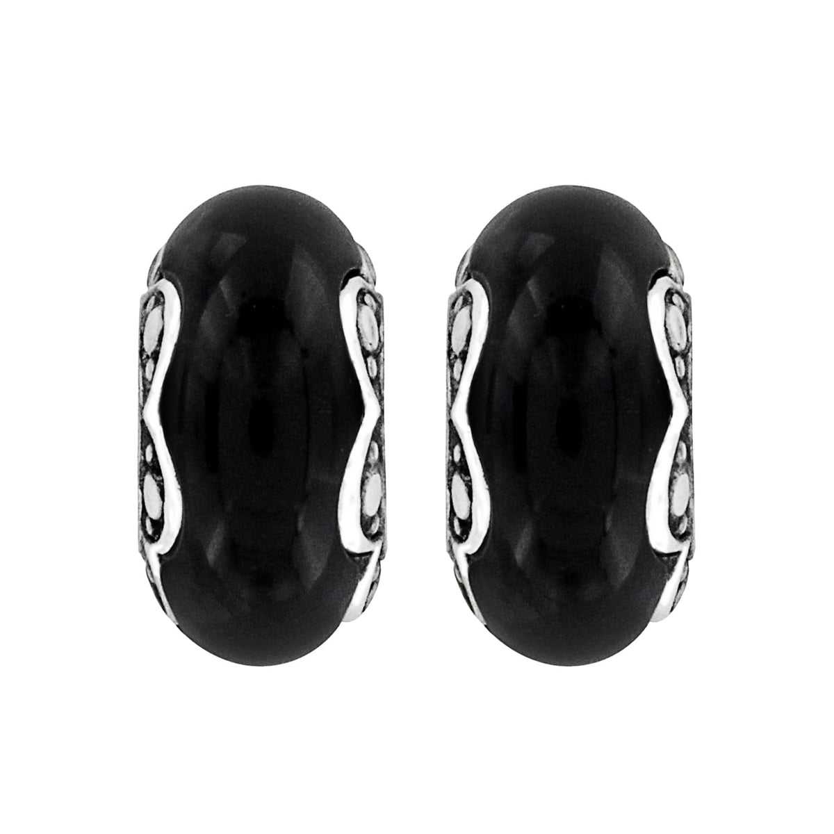 Brighton earrings with large black cabochon stones and silver-plated scroll accents on a white background