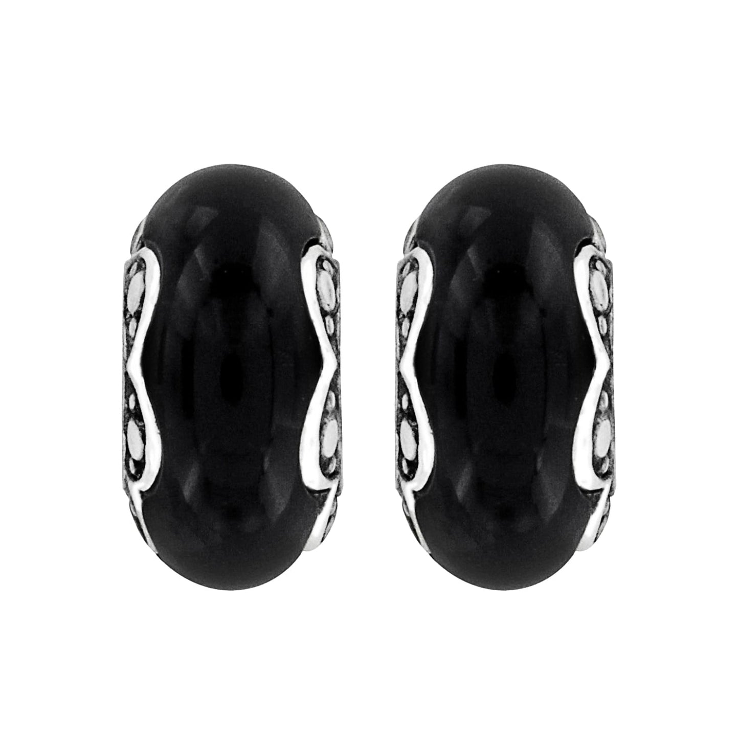 Brighton earrings with large black cabochon stones and silver-plated scroll accents on a white background