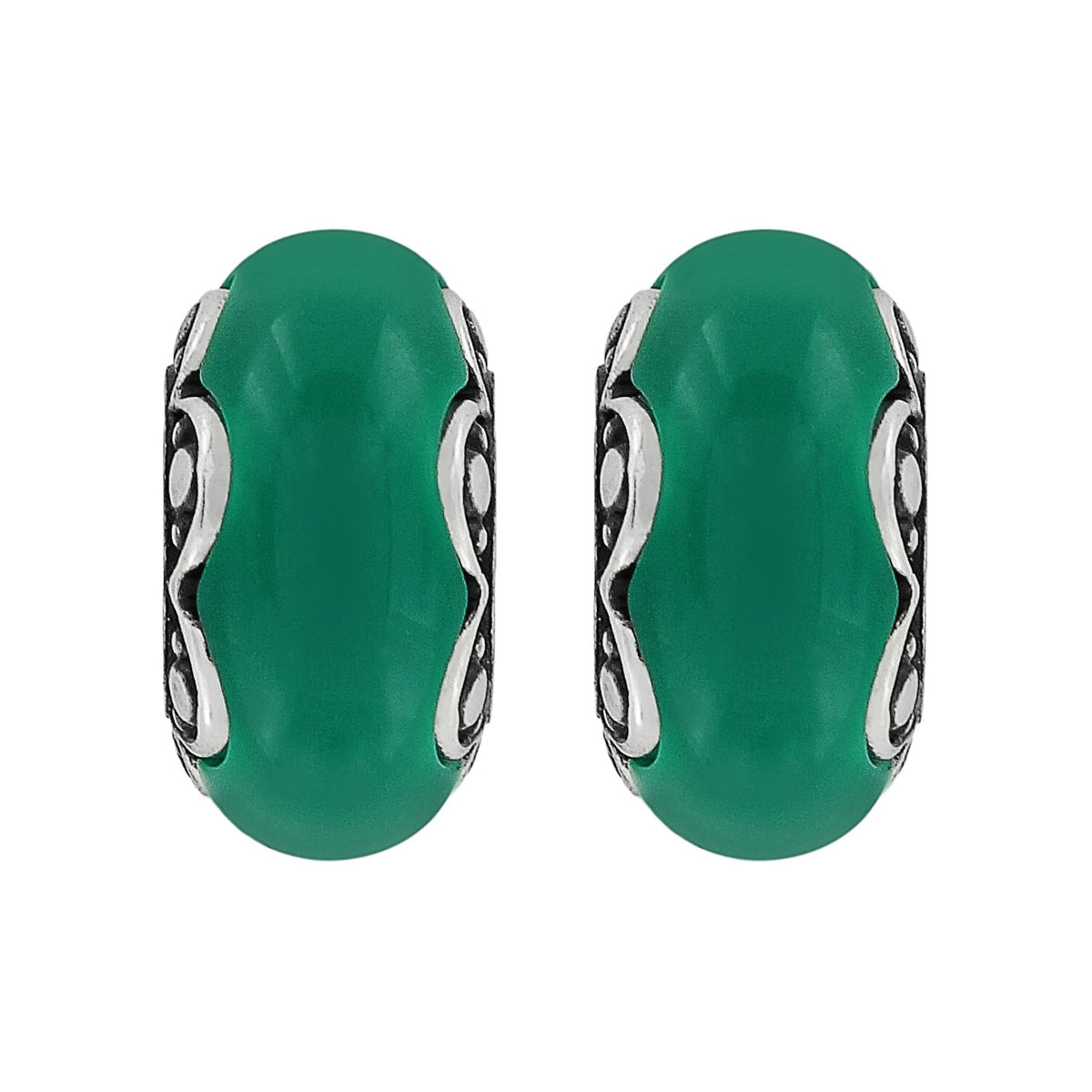 Brighton beads with green stones and silver-plated scrollwork accents on a white background