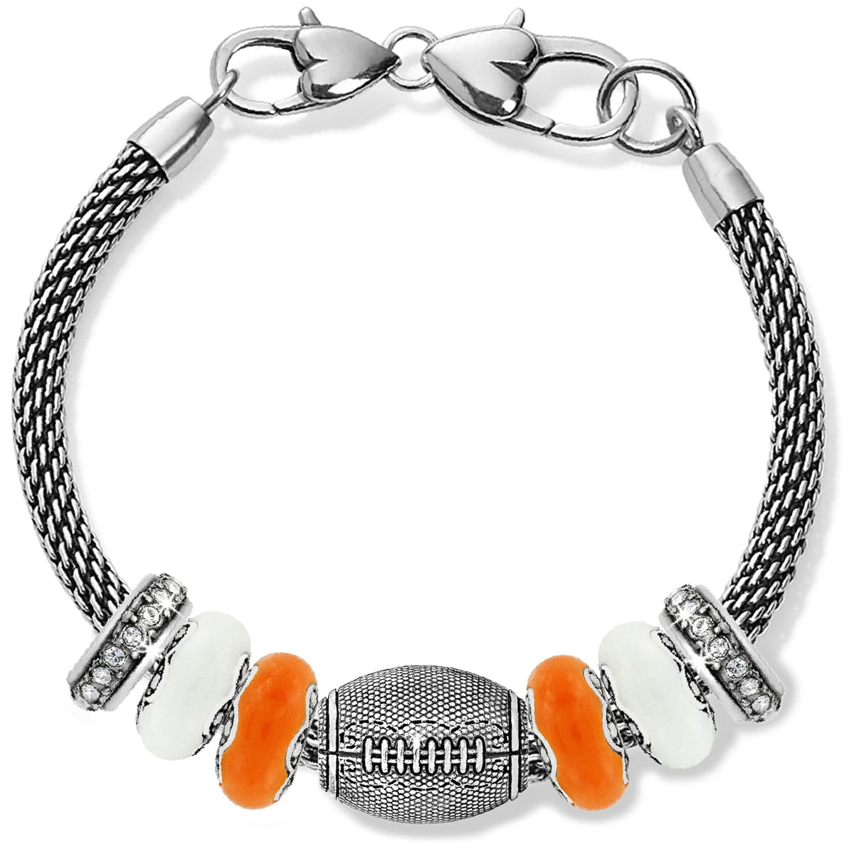 Brighton bracelet with silver-plated mesh chain, football charm, orange and white beads, and crystal accents on a white background