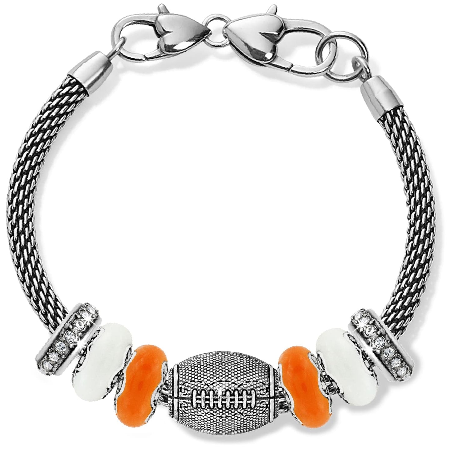 Brighton bracelet with silver-plated mesh chain, football charm, orange and white beads, and crystal accents on a white background