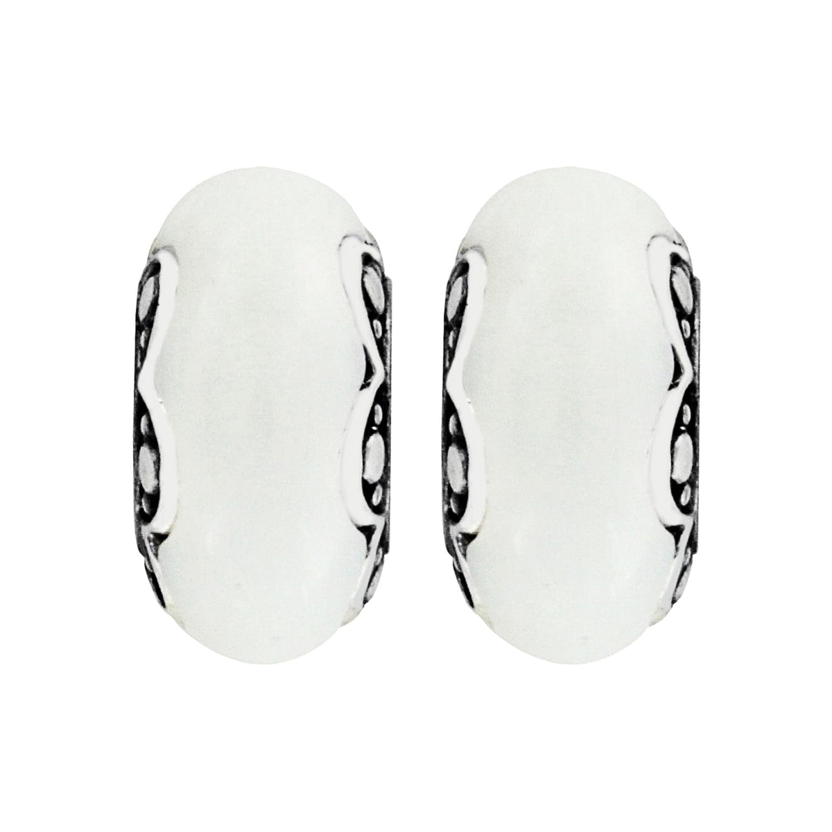 Brighton bead charms with white glass centers and silver-plated patterned edges shown side by side on a white background