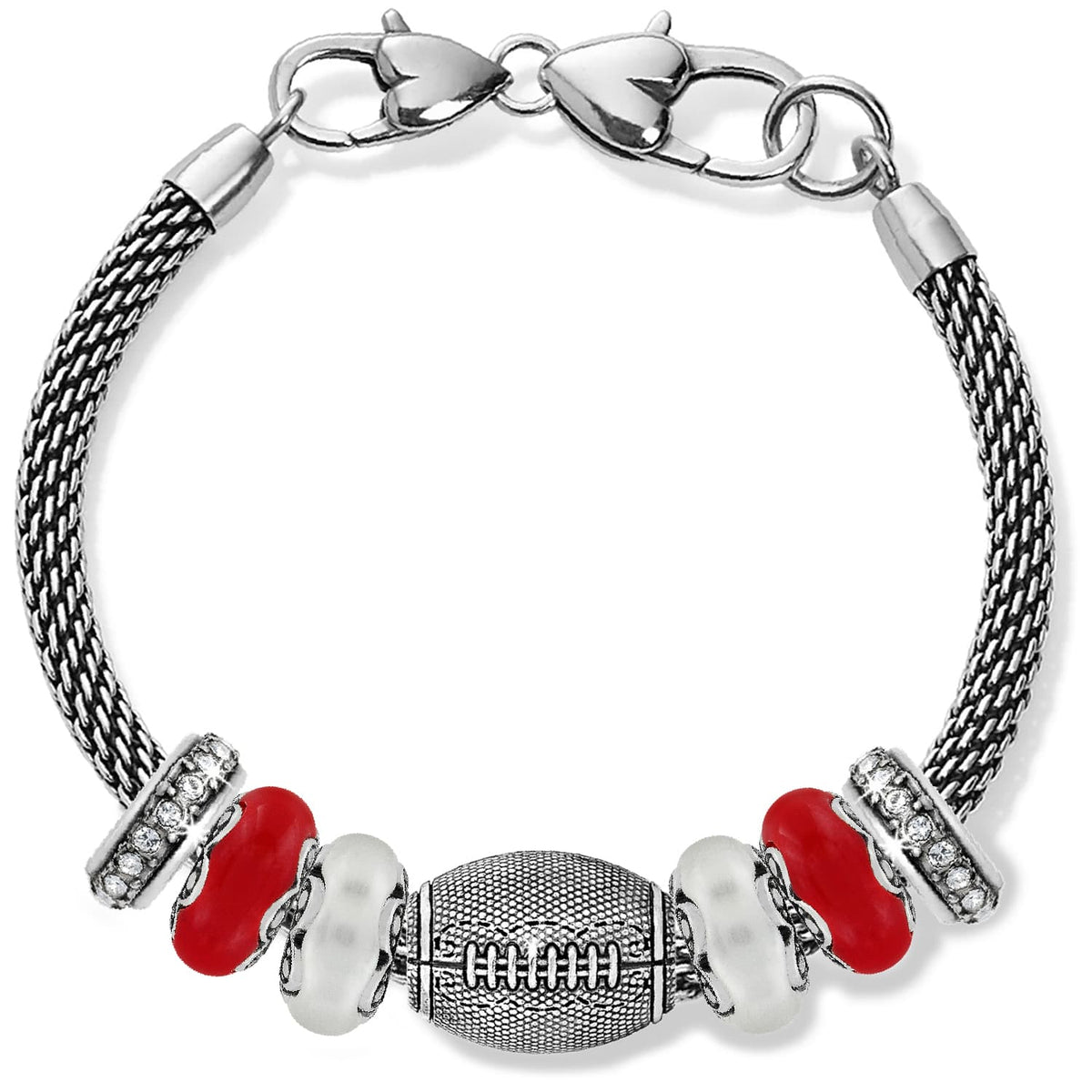 Brighton beaded bracelet with silver-plated football charm, red and white beads, and crystal spacers on a white background