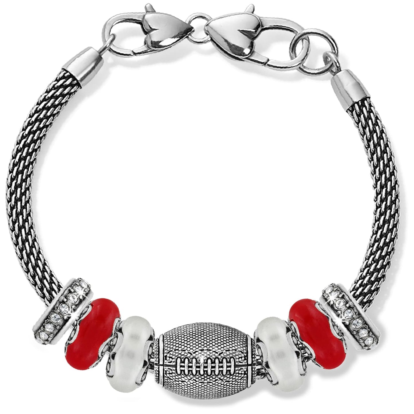 Brighton beaded bracelet with silver-plated football charm, red and white beads, and crystal spacers on a white background