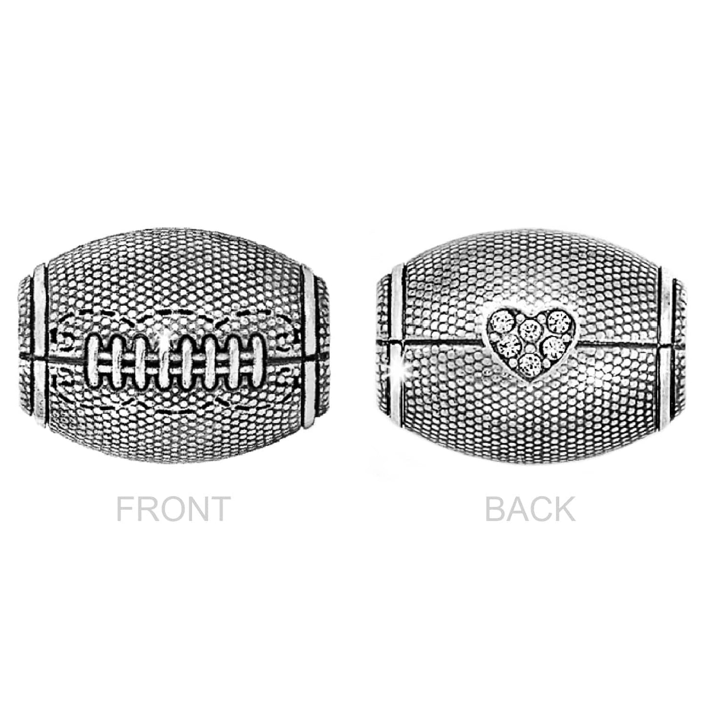 Brighton football-shaped bead charm shown front and back with silver-plated finish and crystal heart accent on a white background
