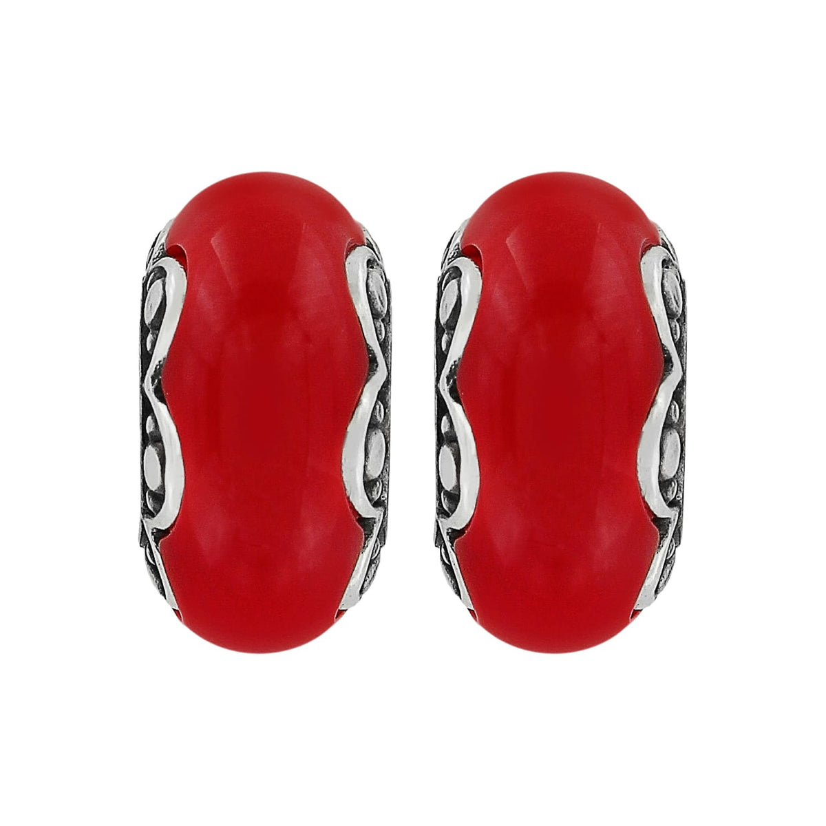 Brighton bead charms with red centers and silver-plated scroll detailing shown side by side on a white background