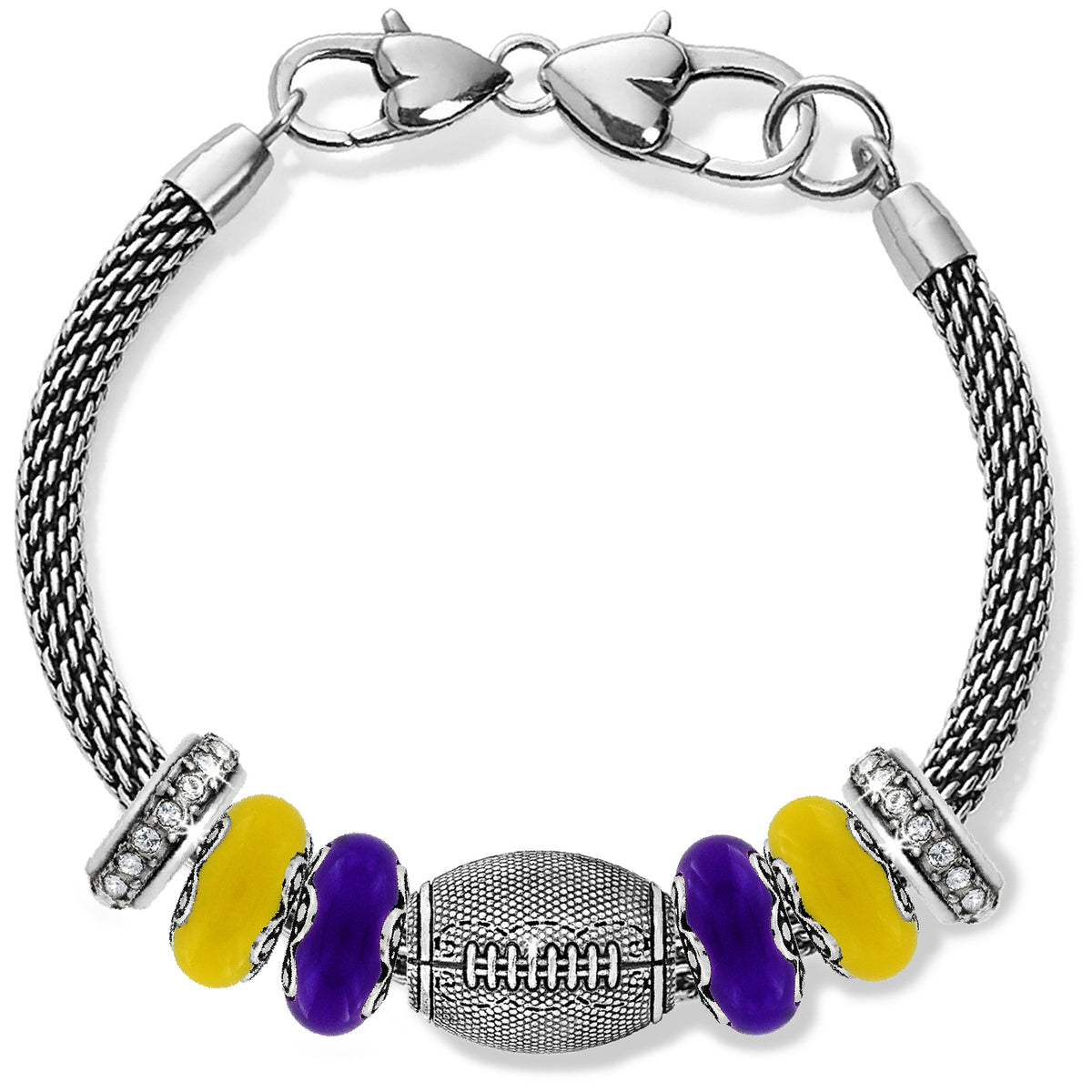Brighton charm bracelet with silver-plated football bead, purple and yellow beads, and crystal accents on a white background
