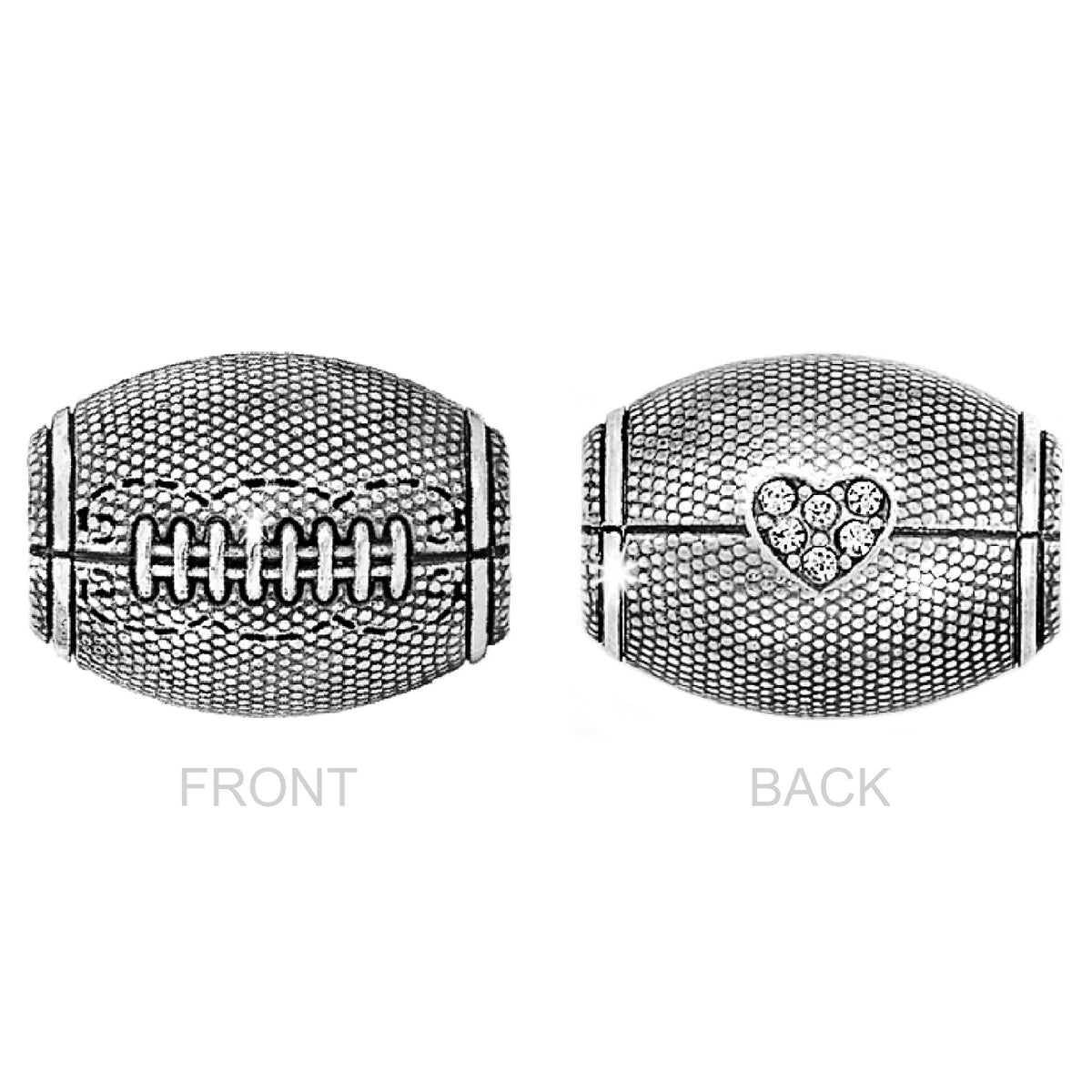 Brighton football-shaped bead shown front and back, silver-plated with crystal heart accent, on a white background