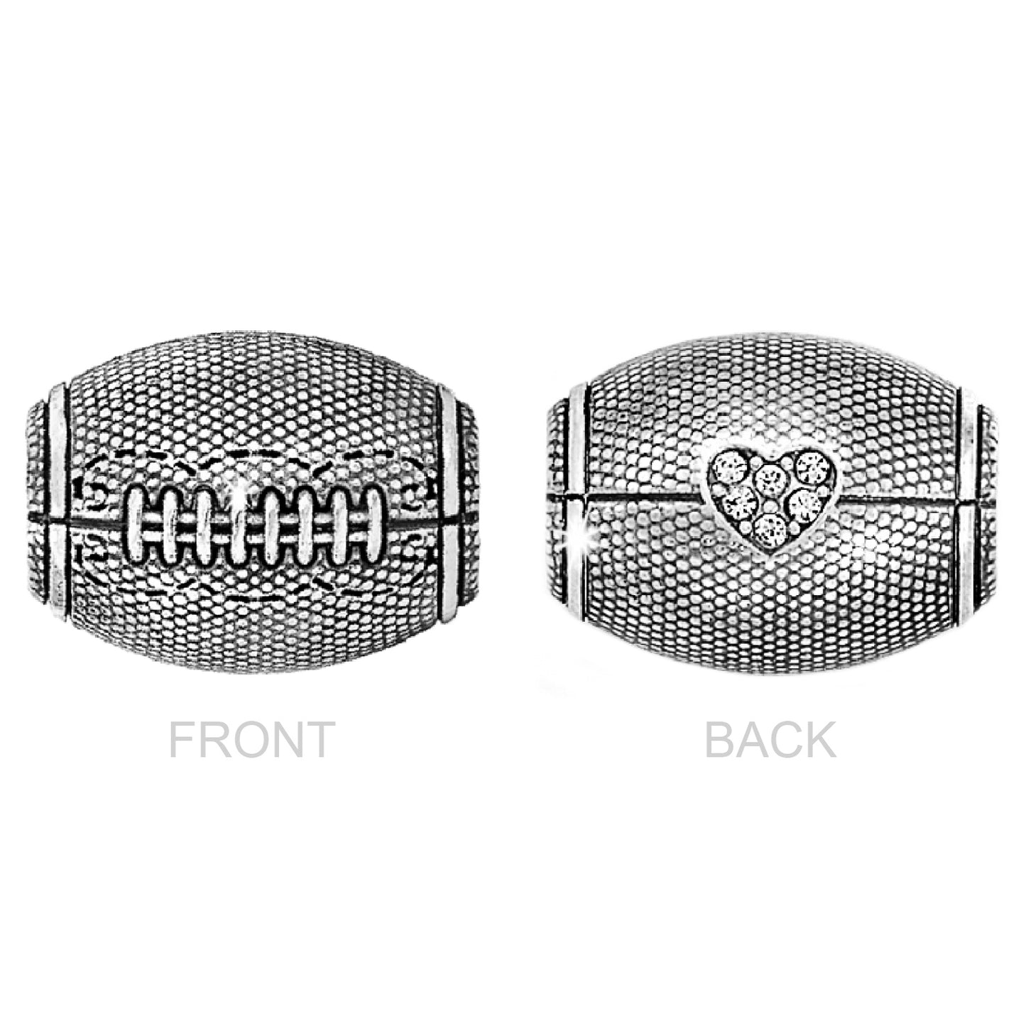 Brighton football-shaped bead shown front and back, silver-plated with crystal heart accent, on a white background