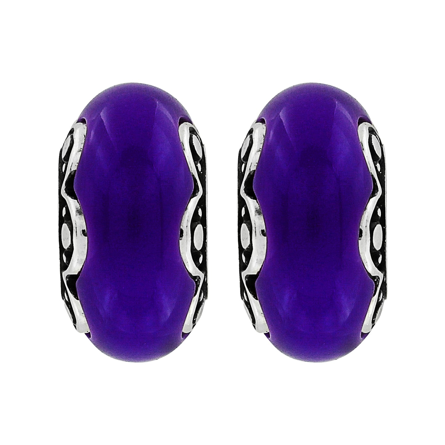 Brighton bead charms with purple glass centers and silver-plated scrollwork end caps on a white background