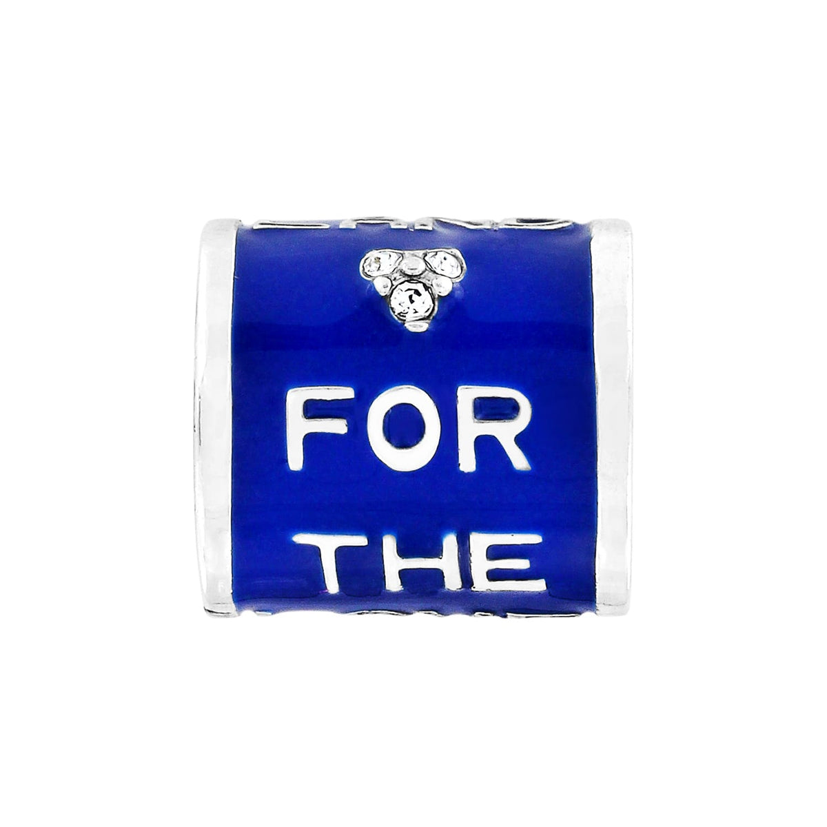 Brighton charm bead with blue enamel finish, silver-tone lettering reading FOR THE, and crystal accents on a white background