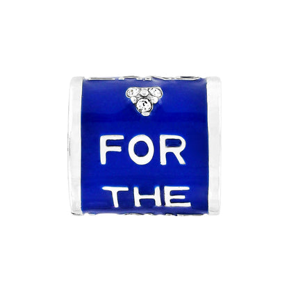 Brighton charm bead with blue enamel finish, silver-tone lettering reading FOR THE, and crystal accents on a white background