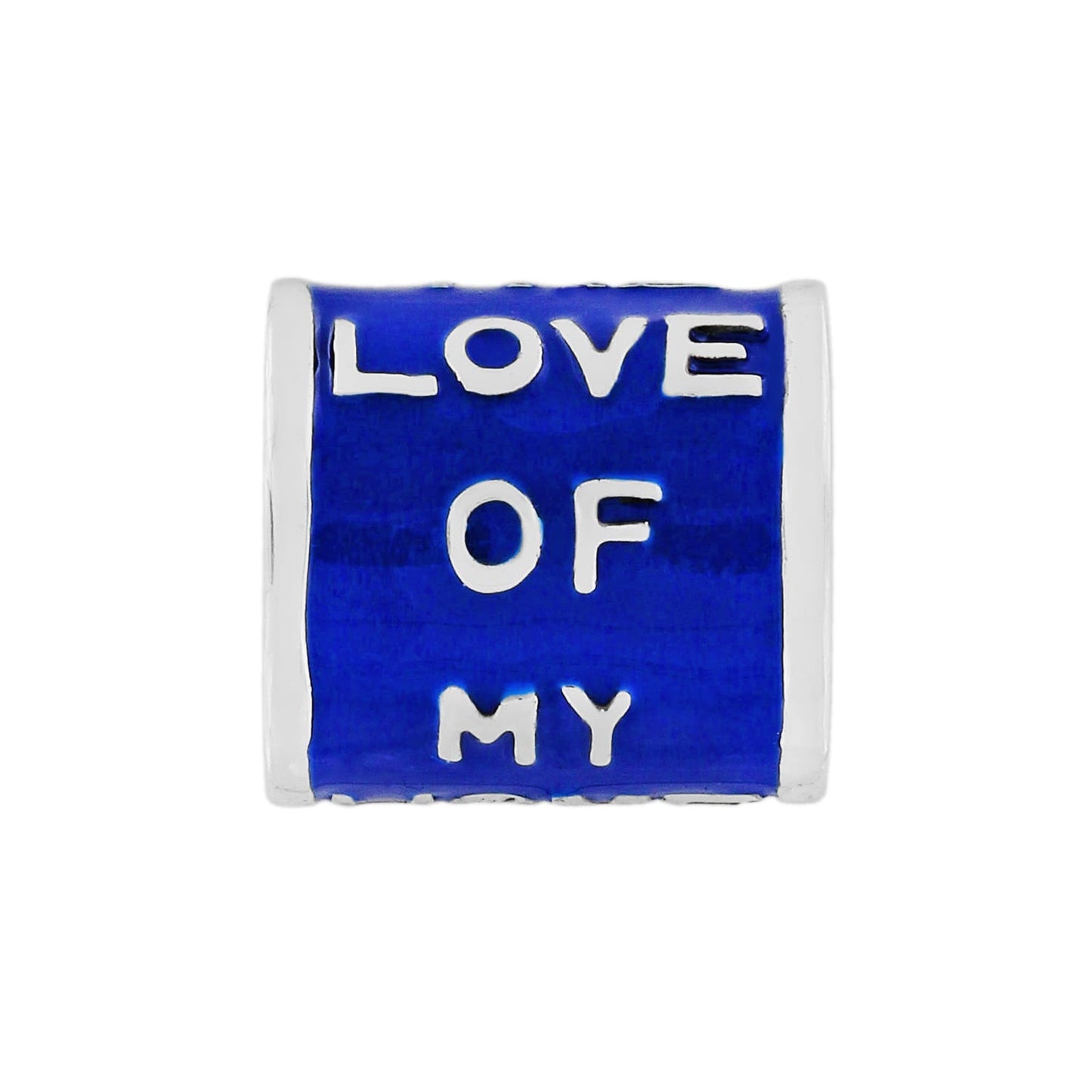 Brighton charm bead with blue enamel finish and silver-tone Love Of My text lettering on a white background