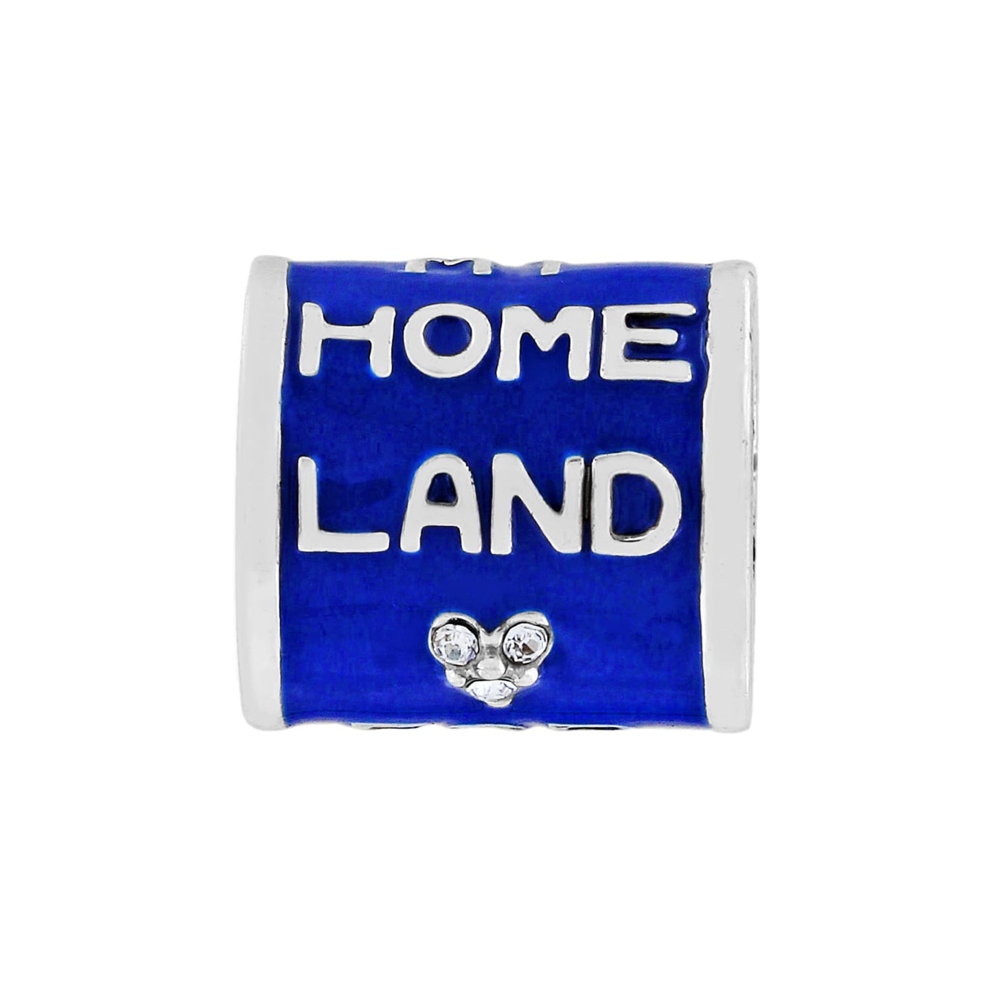 Brighton charm with blue enamel finish, raised silver-tone Home Land lettering, and crystal heart accent on a white background