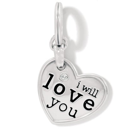Brighton heart charm with engraved i will love you text, crystal accent, and silver-plated finish on a white background