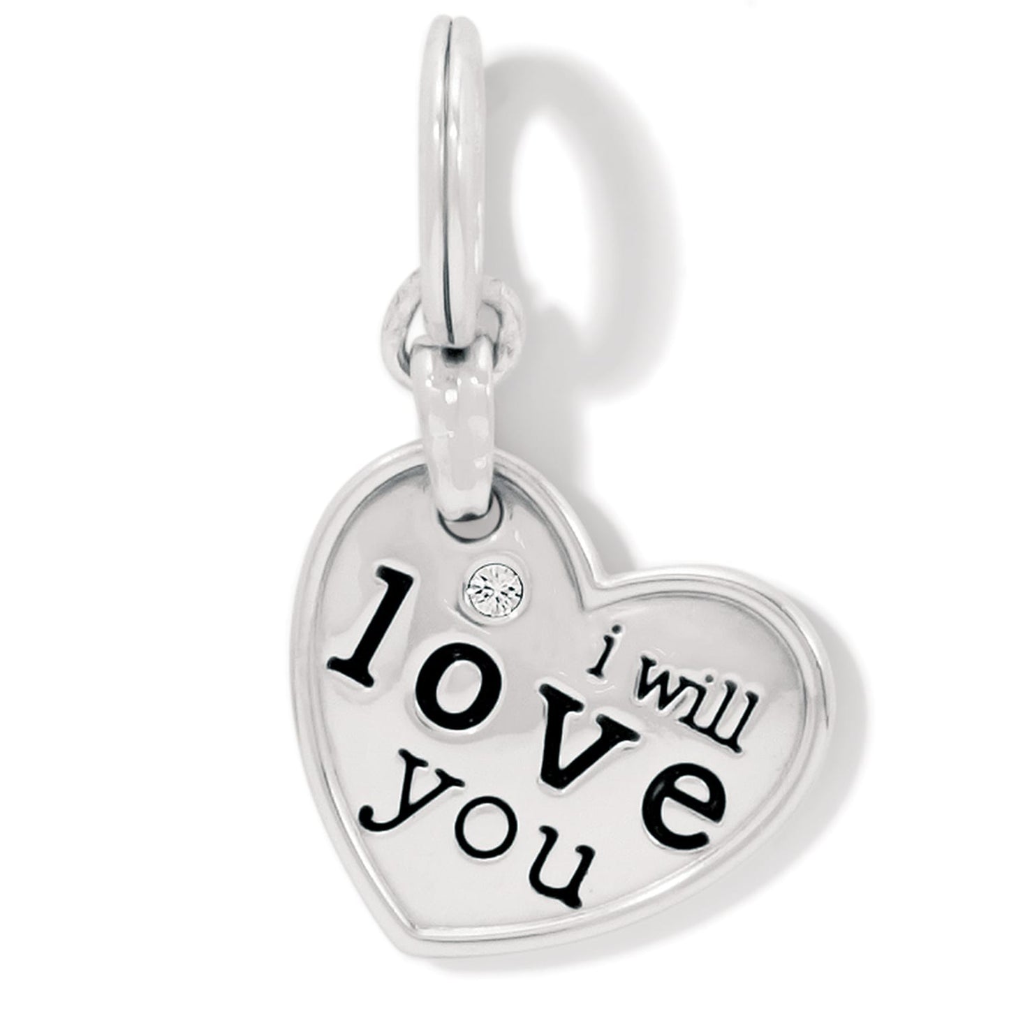 Brighton heart charm with engraved i will love you text, crystal accent, and silver-plated finish on a white background