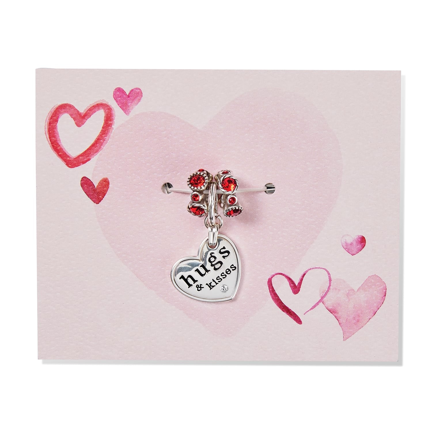 Brighton silver-plated heart charm with red crystal beads and hugs and kisses engraving on pink heart card