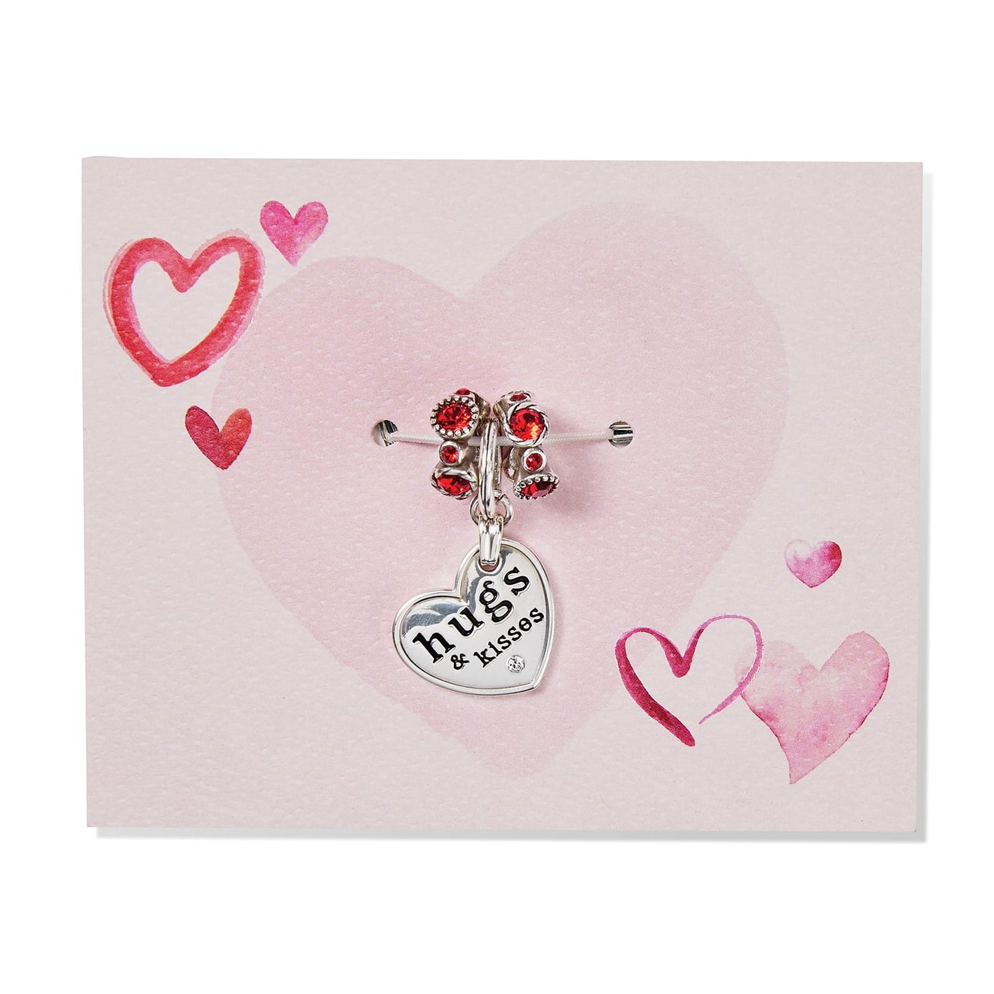 Brighton silver-plated heart charm with red crystal beads and hugs and kisses engraving on pink heart card