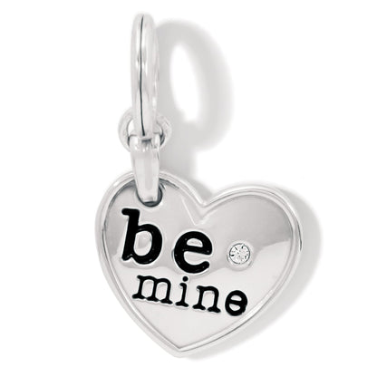 Brighton heart charm with silver-plated finish, black be mine lettering, and crystal accent on a white background